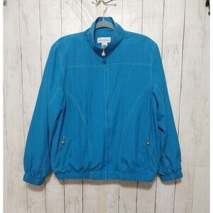 Alfred Dunner Womens Bomber Jacket Blue Floral Accent Zip Up Pockets Size Medium